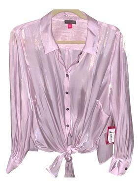 Vince Camuto 2X NWT Pink Shimmer Tie Front Blouse Plus Size Satin Party Top